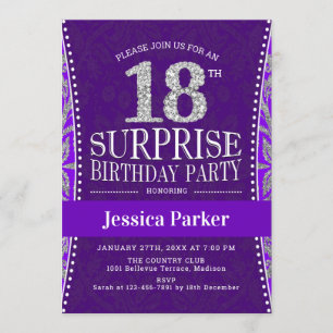 Invitation Surprise 18e fête d'anniversaire - Silver Purple