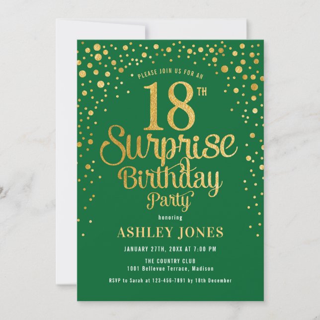 Invitation Surprise 18e fête d'anniversaire - Vert & Or (Devant)