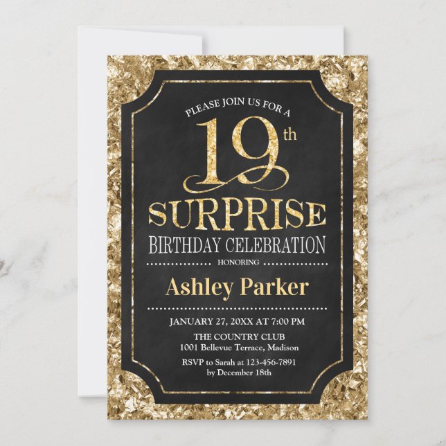 Invitation Surprise 19e fête d'anniversaire - Gold Black (Devant)