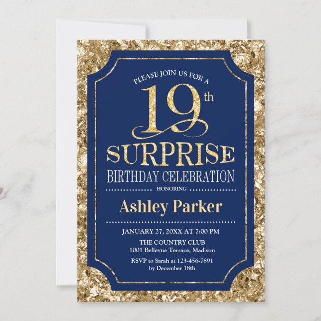 Invitation Surprise 19e fête d'anniversaire - Gold Navy (Devant)