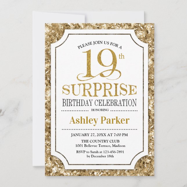 Invitation Surprise 19e fête d'anniversaire - Gold White (Devant)