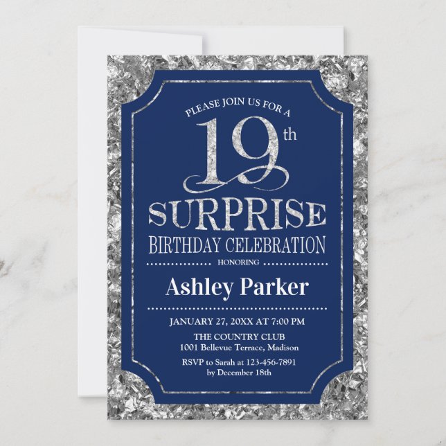 Invitation Surprise 19e fête d'anniversaire - Silver Navy Blu (Devant)