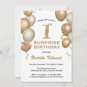 Invitation Surprise 1er anniversaire Ballons blanc et or