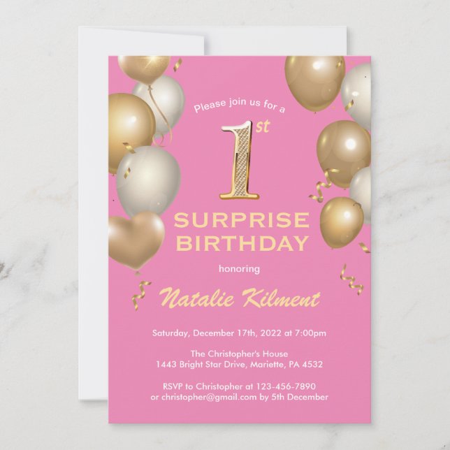 Invitation Surprise 1er anniversaire Ballons rose et or (Devant)