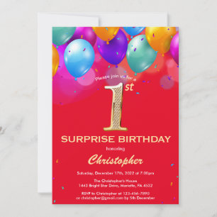 Invitation Surprise 1er anniversaire Ballons rouge et or