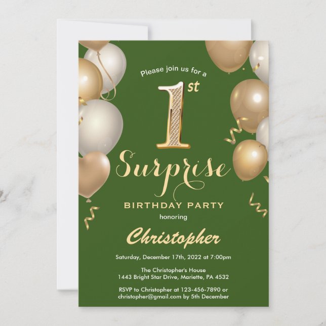 Invitation Surprise 1er anniversaire Ballons verts et or (Devant)