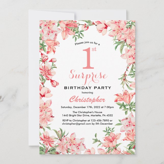 Invitation Surprise 1er anniversaire Boho rose Botanique Flor (Devant)