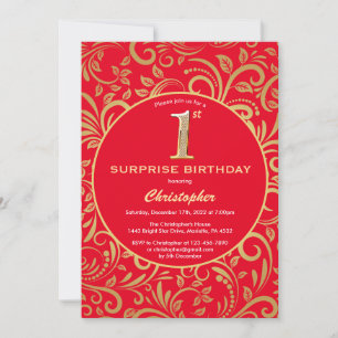 Invitation Surprise 1er anniversaire Floral rouge et or