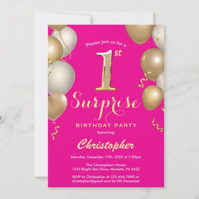 Invitation Surprise 1er anniversaire Hot Pink et Gold Balloon (Devant)