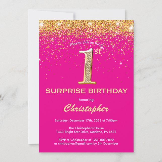 Invitation Surprise 1er anniversaire Hot rose et Parties scin (Devant)