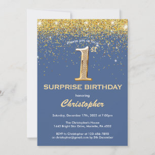 Invitation Surprise 1er anniversaire Parties scintillant bleu