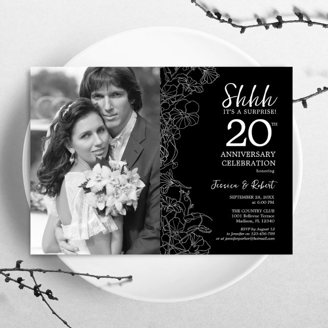 Invitation Surprise 20e anniversaire avec photo noir blanc (Créateur téléchargé)
