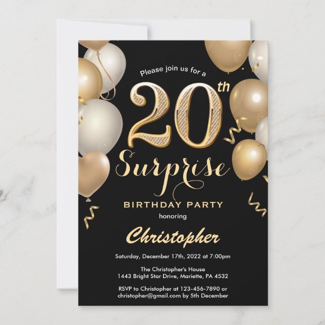 Invitation Surprise 20e anniversaire Ballons noir et or (Devant)
