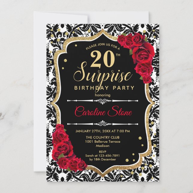 Invitation Surprise 20e anniversaire - Black Gold Red Invitat (Devant)