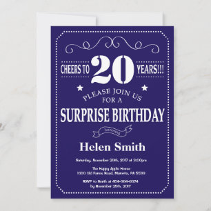 Invitation Surprise 20e Anniversaire Bleu Nuit et Blanc