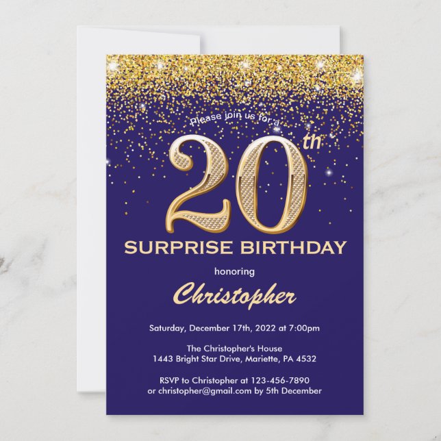Invitation Surprise 20e Anniversaire Bleu Nuit et Paillettes  (Devant)