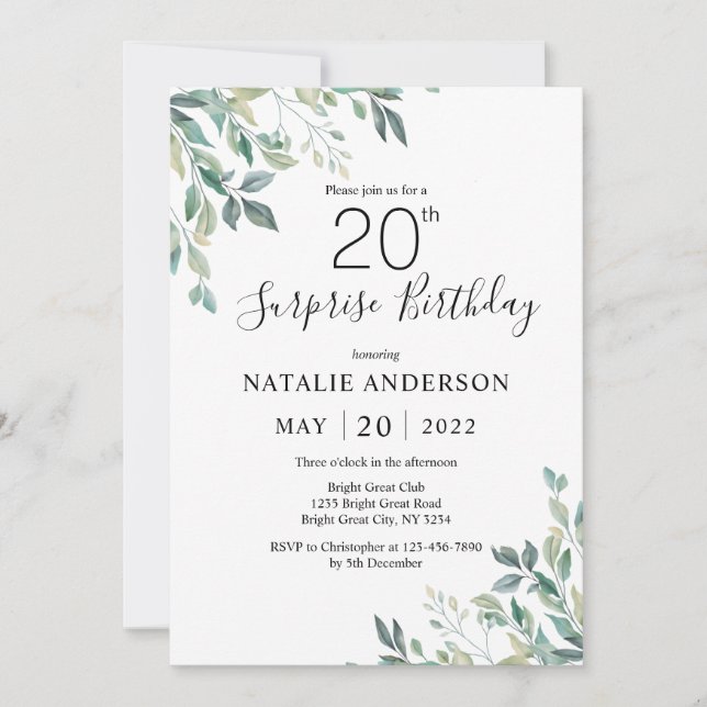 Invitation Surprise 20e anniversaire Eucalyptus verdure (Devant)
