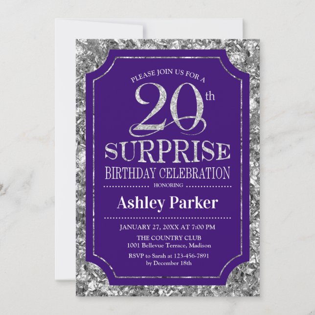 Invitation Surprise 20e anniversaire fête - Silver Purple (Devant)