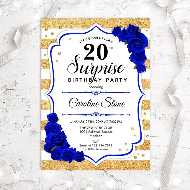 Invitation Surprise 20e anniversaire - Gold White Royal Blue (Créateur téléchargé)