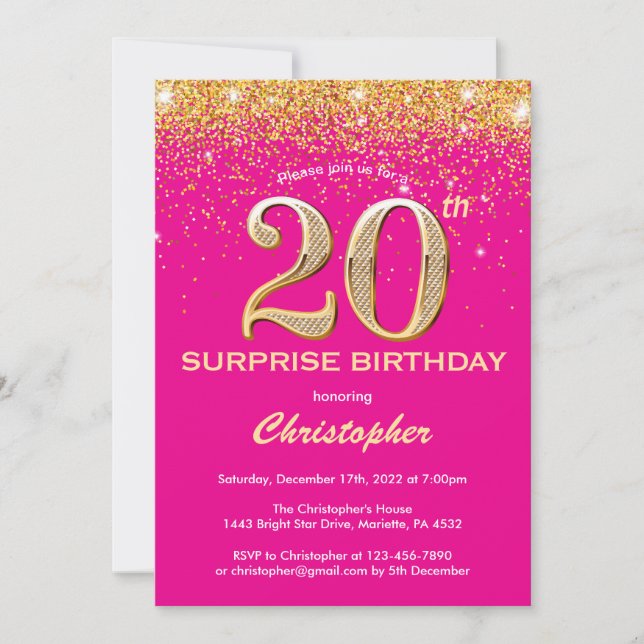 Invitation Surprise 20e anniversaire Hot rose et Parties scin (Devant)