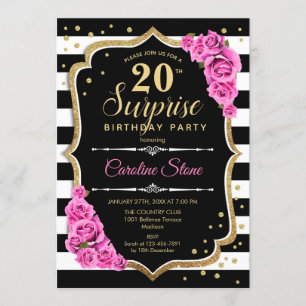 Invitation Surprise 20e anniversaire - Noir blanc rose