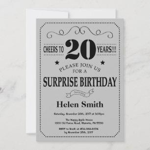 Invitation Surprise 20e Anniversaire Noir et Gris Argenté