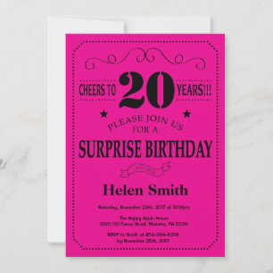 Invitation Surprise 20e anniversaire Noir et rose chaud