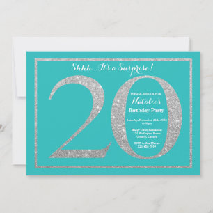Invitation Surprise 20e Anniversaire Paillettes Sarcelle et A