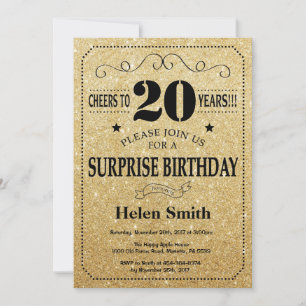 Invitation Surprise 20e anniversaire Parties scintillant Noir