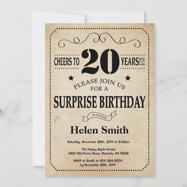 Invitation Surprise 20e anniversaire Rustic Vintage Retro (Devant)