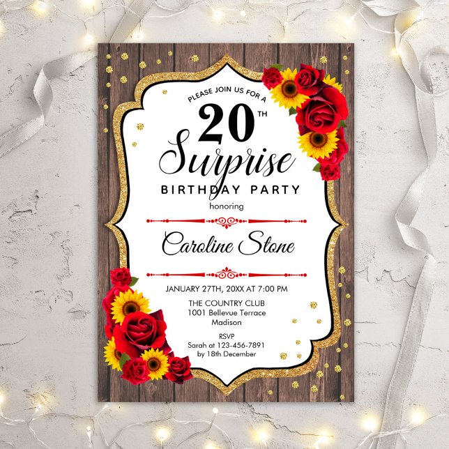 Invitation Surprise 20e anniversaire - Tournesols Bois rustiq (Créateur téléchargé)