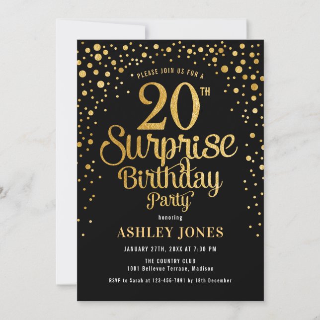 Invitation Surprise 20e fête d'anniversaire - Black & Gold (Devant)