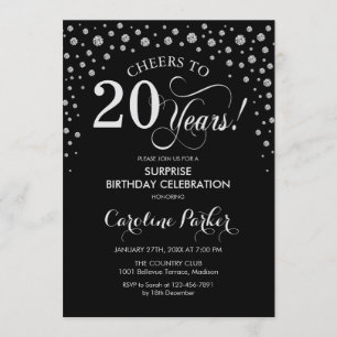 Invitation Surprise 20e fête d'anniversaire - Black Silver