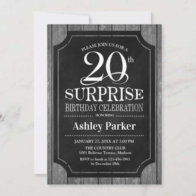 Invitation Surprise 20e fête d'anniversaire - Chalkboard Whit (Devant)