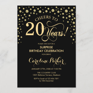 Invitation Surprise 20e fête d'anniversaire - Gold Black