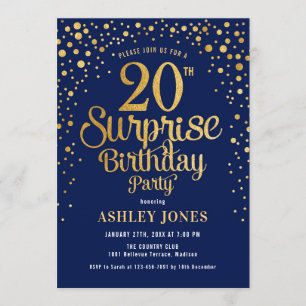 Invitation Surprise 20e fête d'anniversaire - Marine & Gold