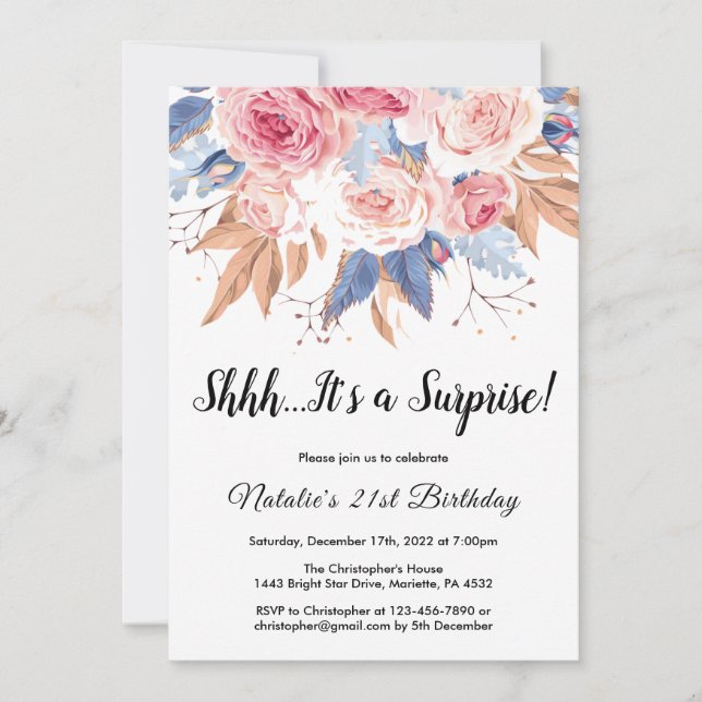 Invitation Surprise 21e anniversaire Aquarelle Botanique Flor (Devant)