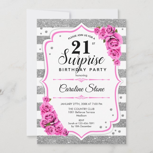 Invitation Surprise 21e anniversaire - Argent blanc rose (Devant)