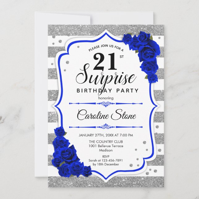 Invitation Surprise 21e anniversaire - Argent Blanc Royal Blu (Devant)