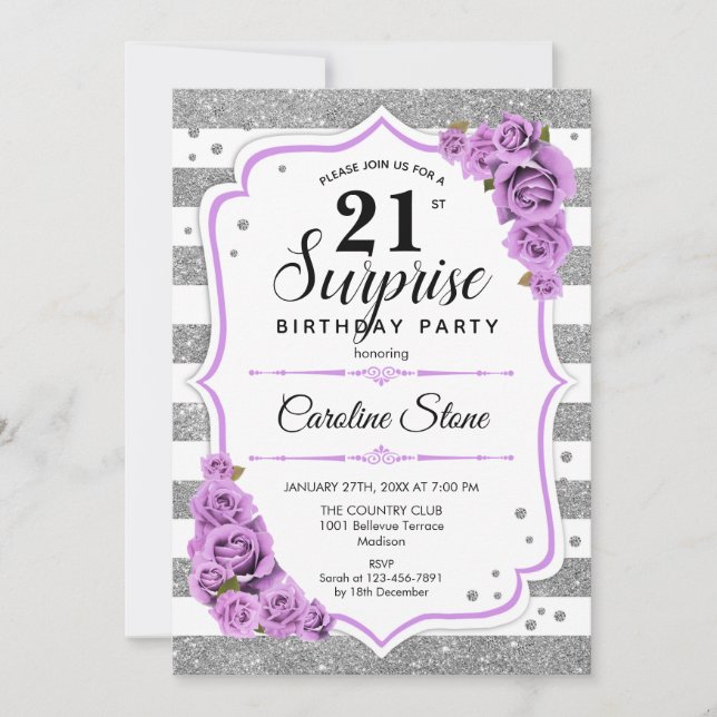 Invitation Surprise 21e anniversaire - Argent blanc violet (Devant)