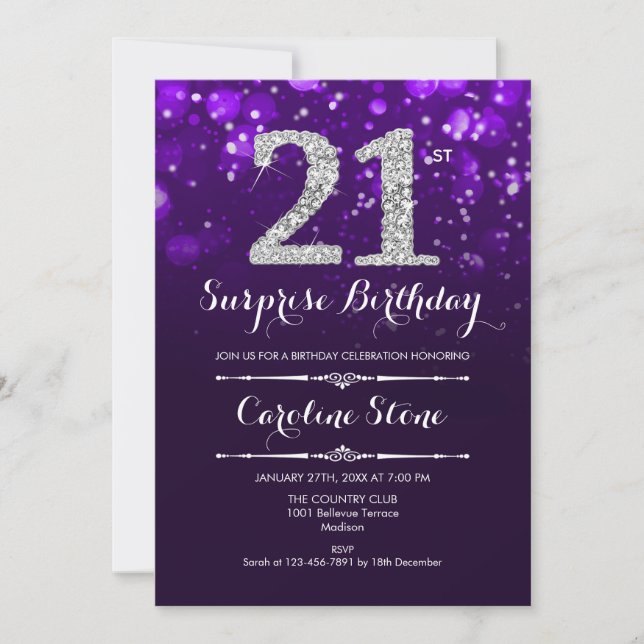 Invitation Surprise 21e anniversaire - Argent violet (Devant)