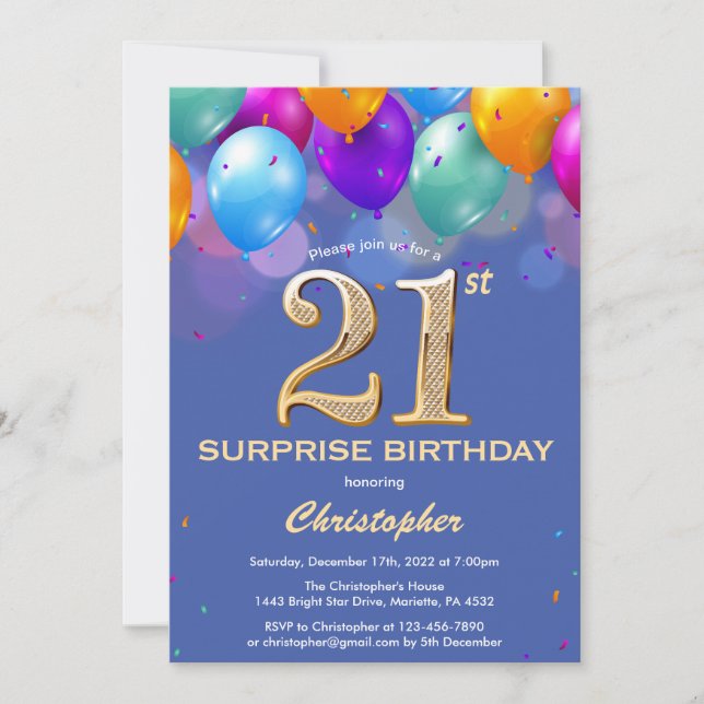 Invitation Surprise 21e anniversaire Ballons bleu et or (Devant)