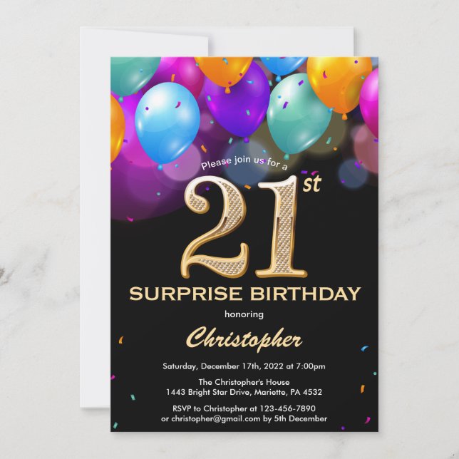 Invitation Surprise 21e anniversaire Ballons noir et or (Devant)