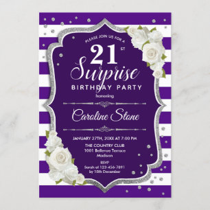 Invitation Surprise 21e anniversaire - Blanc d'argent violet
