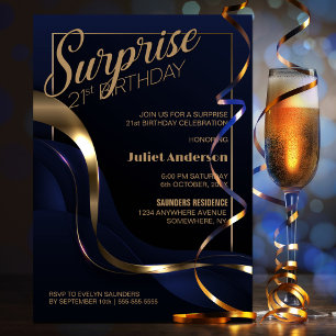 Invitation Surprise 21e anniversaire Blue Gold Party Invitati