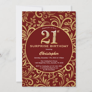 Invitation Surprise 21e anniversaire Bourgogne Rouge & Or Flo