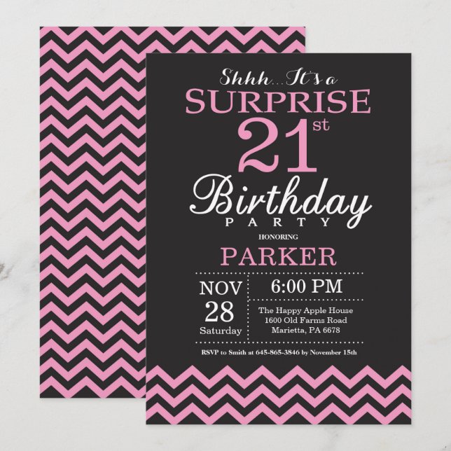 Invitation Surprise 21e anniversaire Chevron noir et rose (Devant / Derrière)