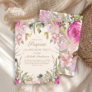 Invitation Surprise 21e anniversaire Fleurs aquarelle rose  