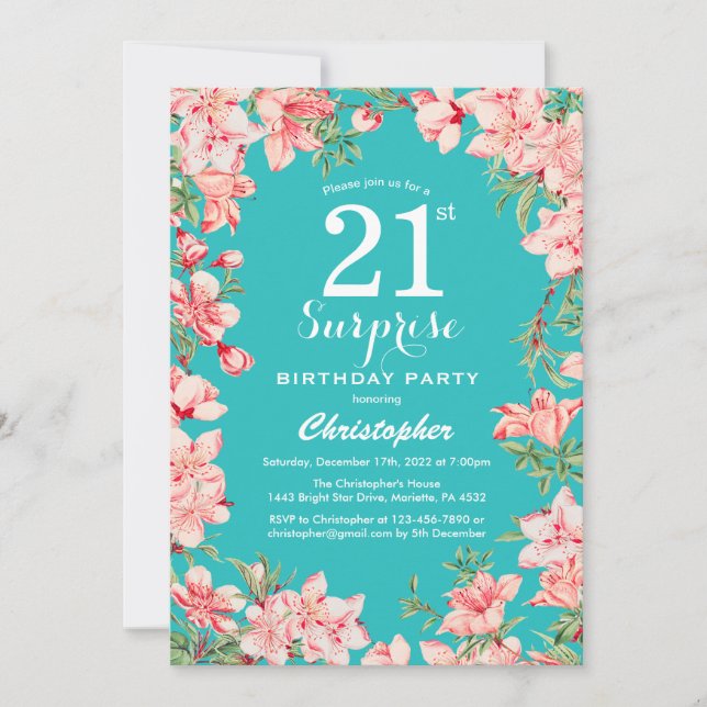Invitation Surprise 21e anniversaire Fleurs florales roses Tu (Devant)
