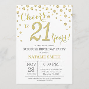 Invitation Surprise 21e anniversaire Gold Parties scintillant